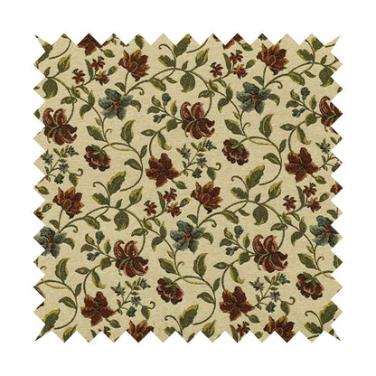 Bruges Life Red Green Blue Floral All Over Pattern White Chenille Upholstery Fabric CTR-716 - Made To Measure Curtains