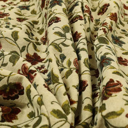 Bruges Life Red Green Blue Floral All Over Pattern White Chenille Upholstery Fabric CTR-716 - Made To Measure Curtains