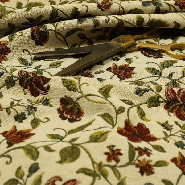 Bruges Life Red Green Blue Floral All Over Pattern White Chenille Upholstery Fabric CTR-716 - Roman Blinds
