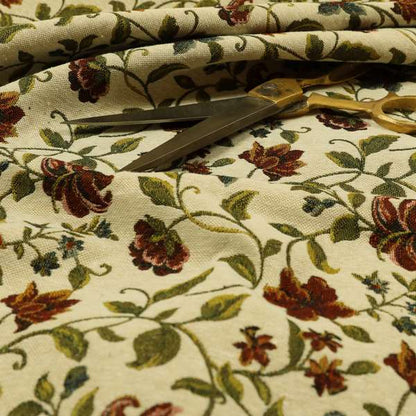 Bruges Life Red Green Blue Floral All Over Pattern White Chenille Upholstery Fabric CTR-716 - Handmade Cushions