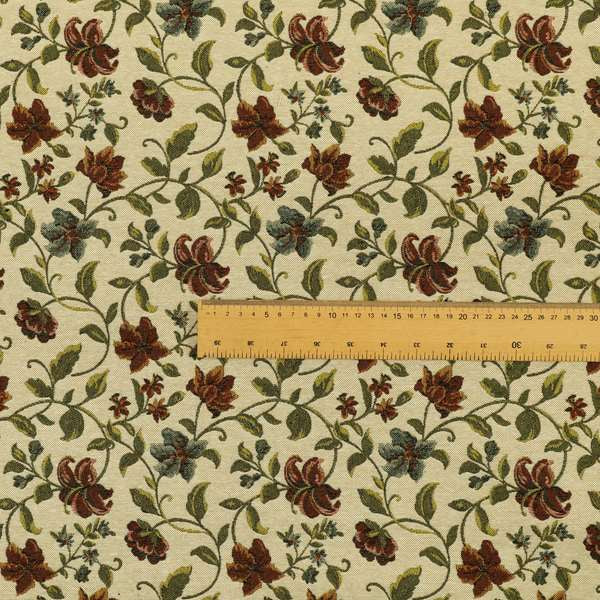 Bruges Life Red Green Blue Floral All Over Pattern White Chenille Upholstery Fabric CTR-716 - Roman Blinds