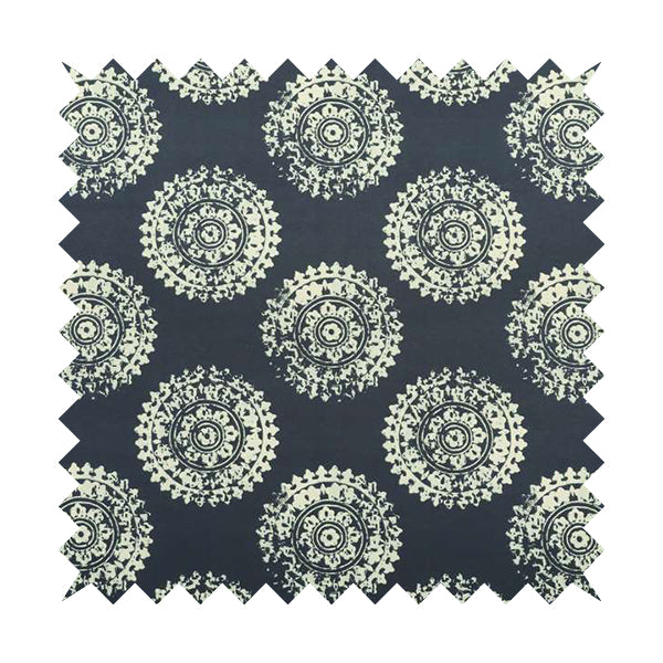 Freedom Printed Velvet Fabric Collection Round Ancient Pattern In Blue Colour Upholstery Fabric CTR-72 - Made To Measure Curtains