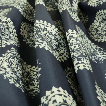 Freedom Printed Velvet Fabric Collection Round Ancient Pattern In Blue Colour Upholstery Fabric CTR-72 - Made To Measure Curtains