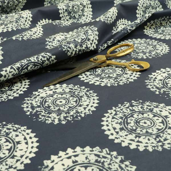 Freedom Printed Velvet Fabric Collection Round Ancient Pattern In Blue Colour Upholstery Fabric CTR-72 - Roman Blinds