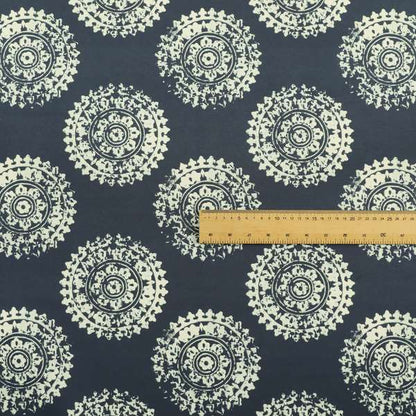 Freedom Printed Velvet Fabric Collection Round Ancient Pattern In Blue Colour Upholstery Fabric CTR-72 - Made To Measure Curtains