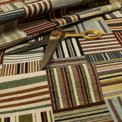 Bruges Stripe Multi Coloured Full All Over Stripe Patchwork Pattern Jacquard Upholstery Fabric CTR-729 - Made To Measure Curtains