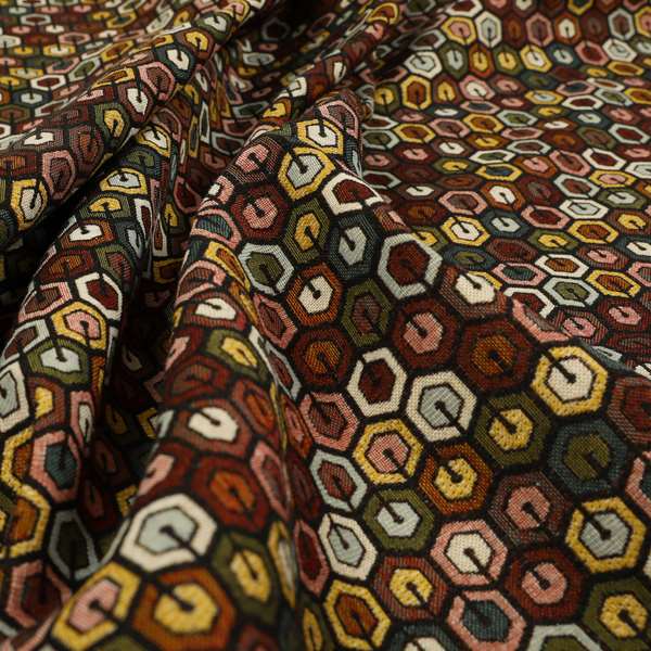 Bruges Modern Black Multi Coloured Full Hexagon Geometric Pattern Upholstery Fabrics CTR-730 - Made To Measure Curtains