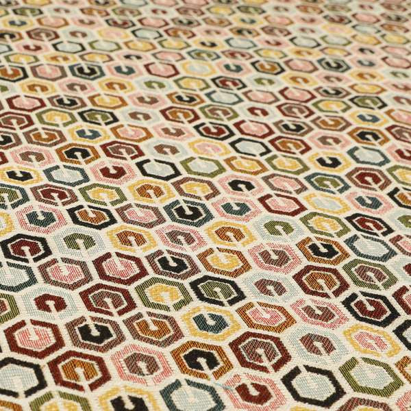 Bruges Modern White Multi Coloured Full Hexagon Geometric Pattern Jacquard Upholstery Fabrics CTR-733 - Roman Blinds