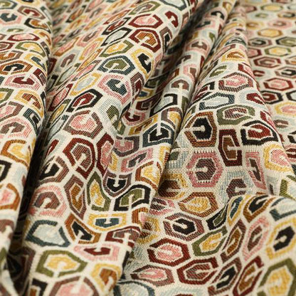 Bruges Modern White Multi Coloured Full Hexagon Geometric Pattern Jacquard Upholstery Fabrics CTR-733