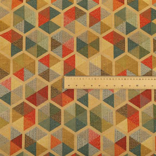 Arcadia Geometric Hexagon Pattern Yellow Multicolour Chenille Upholstery Fabric CTR-736 - Roman Blinds