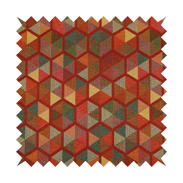 Arcadia Geometric Hexagon Pattern Red Multicolour Chenille Upholstery Fabric CTR-737 - Made To Measure Curtains