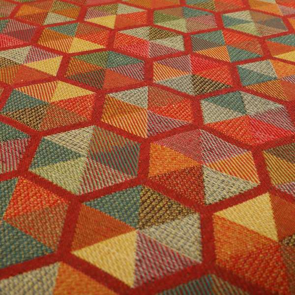 Arcadia Geometric Hexagon Pattern Red Multicolour Chenille Upholstery Fabric CTR-737 - Made To Measure Curtains