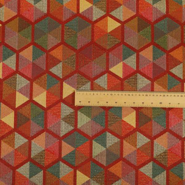 Arcadia Geometric Hexagon Pattern Red Multicolour Chenille Upholstery Fabric CTR-737 - Roman Blinds