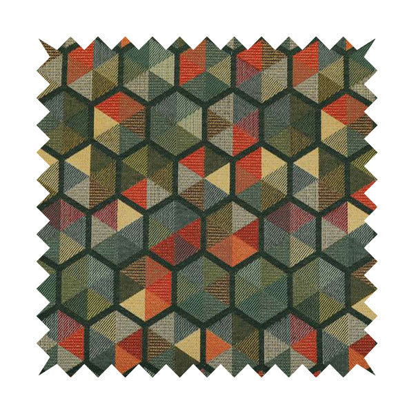 Arcadia Geometric Hexagon Pattern Green Multicolour Chenille Upholstery Fabric CTR-739 - Roman Blinds