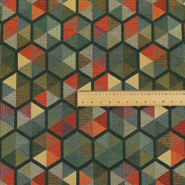 Arcadia Geometric Hexagon Pattern Green Multicolour Chenille Upholstery Fabric CTR-739 - Roman Blinds