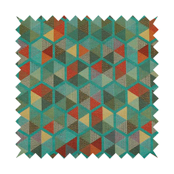 Arcadia Geometric Hexagon Pattern Teal Multicolour Chenille Upholstery Fabric CTR-740 - Roman Blinds