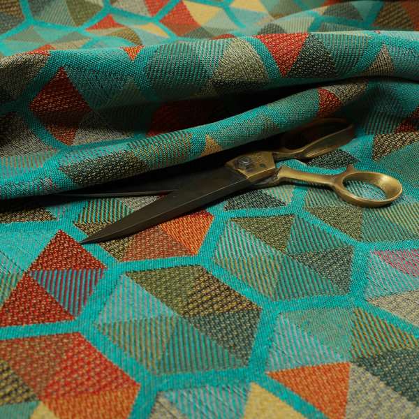 Arcadia Geometric Hexagon Pattern Teal Multicolour Chenille Upholstery Fabric CTR-740 - Made To Measure Curtains