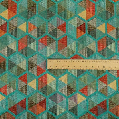 Arcadia Geometric Hexagon Pattern Teal Multicolour Chenille Upholstery Fabric CTR-740 - Made To Measure Curtains