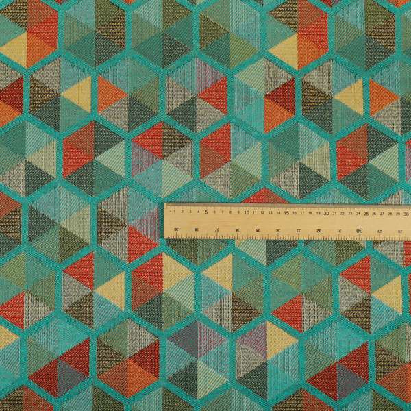 Arcadia Geometric Hexagon Pattern Teal Multicolour Chenille Upholstery Fabric CTR-740