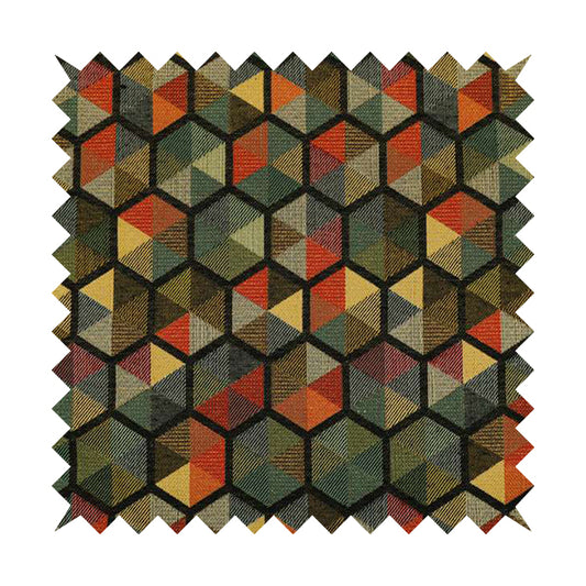 Arcadia Geometric Hexagon Pattern Black Multicolour Chenille Upholstery Fabric CTR-741