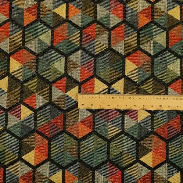 Arcadia Geometric Hexagon Pattern Black Multicolour Chenille Upholstery Fabric CTR-741 - Roman Blinds