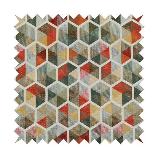 Arcadia Geometric Hexagon Pattern White Multicolour Chenille Upholstery Fabric CTR-742