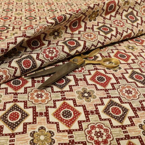 Acer Red Burgundy Colour Chenille Upholstery Fabric Geometric Floral Pattern CTR-743