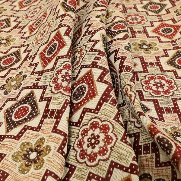 Acer Red Burgundy Colour Chenille Upholstery Fabric Geometric Floral Pattern CTR-743 - Made To Measure Curtains