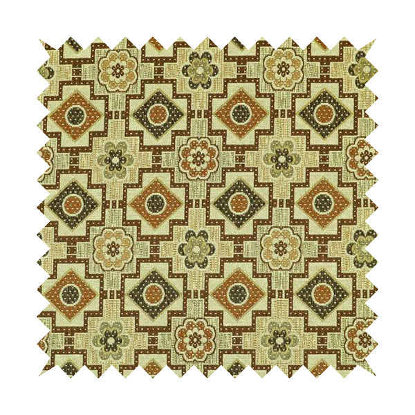 Acer Green Brown Colour Chenille Upholstery Fabric Geometric Floral Pattern CTR-745 - Roman Blinds