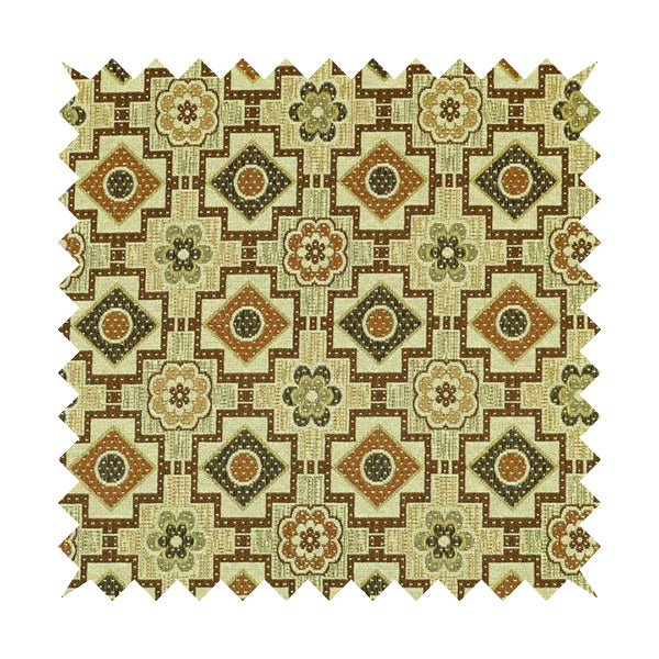 Acer Green Brown Colour Chenille Upholstery Fabric Geometric Floral Pattern CTR-745