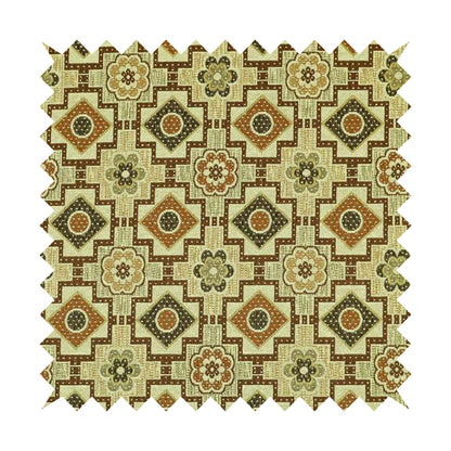 Acer Green Brown Colour Chenille Upholstery Fabric Geometric Floral Pattern CTR-745 - Made To Measure Curtains