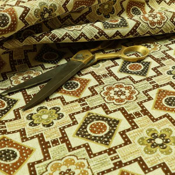 Acer Green Brown Colour Chenille Upholstery Fabric Geometric Floral Pattern CTR-745 - Made To Measure Curtains