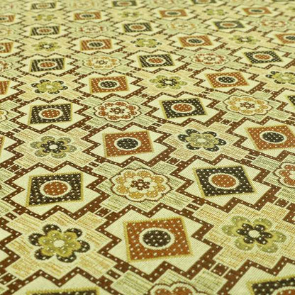 Acer Green Brown Colour Chenille Upholstery Fabric Geometric Floral Pattern CTR-745