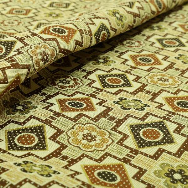 Acer Green Brown Colour Chenille Upholstery Fabric Geometric Floral Pattern CTR-745 - Made To Measure Curtains