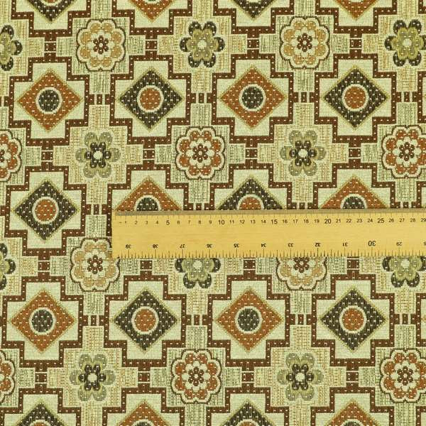 Acer Green Brown Colour Chenille Upholstery Fabric Geometric Floral Pattern CTR-745 - Made To Measure Curtains