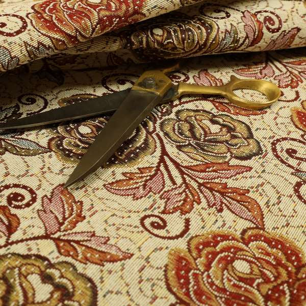 Acer Red Green Blue Colour Chenille Upholstery Fabric Rose Floral Pattern CTR-746 - Roman Blinds