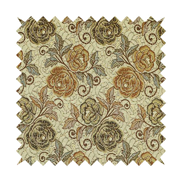 Acer Brown Green Colour Chenille Upholstery Fabric Rose Floral Pattern CTR-748 - Roman Blinds