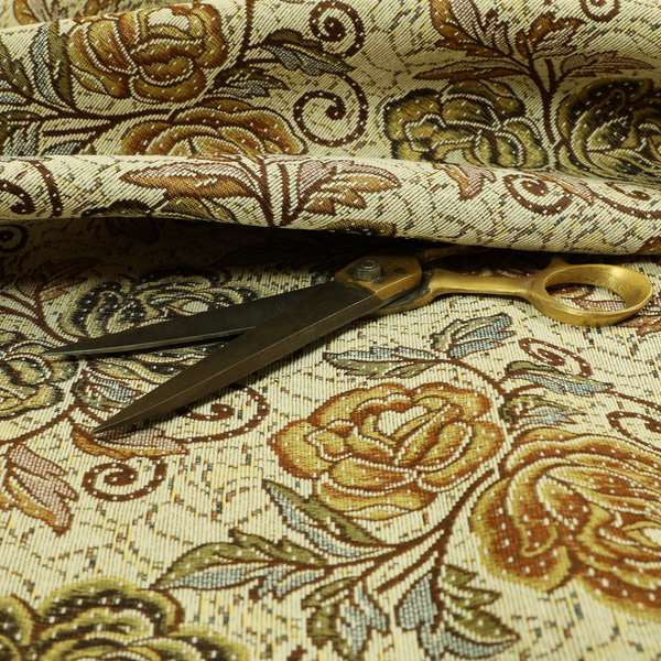 Acer Brown Green Colour Chenille Upholstery Fabric Rose Floral Pattern CTR-748 - Roman Blinds