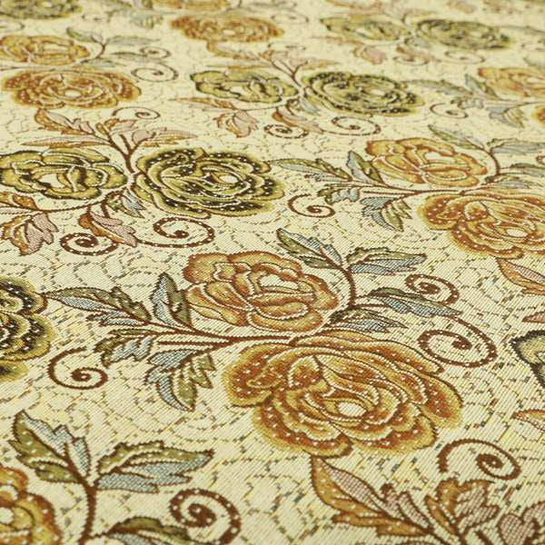 Acer Brown Green Colour Chenille Upholstery Fabric Rose Floral Pattern CTR-748