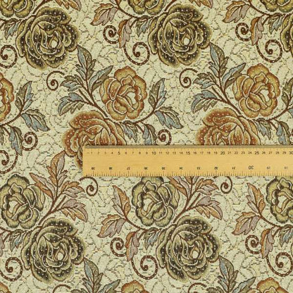 Acer Brown Green Colour Chenille Upholstery Fabric Rose Floral Pattern CTR-748 - Roman Blinds