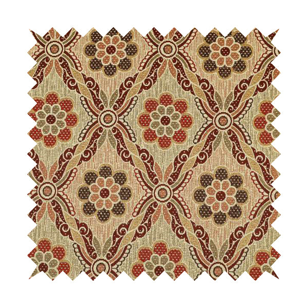 Acer Red Colour Chenille Upholstery Fabric Traditional Damask Pattern CTR-749 - Roman Blinds