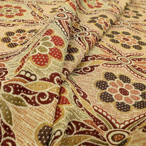 Acer Red Colour Chenille Upholstery Fabric Traditional Damask Pattern CTR-749 - Roman Blinds