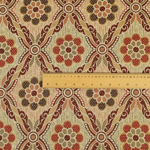 Acer Red Colour Chenille Upholstery Fabric Traditional Damask Pattern CTR-749 - Roman Blinds