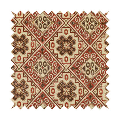 Acer Red Colour Chenille Upholstery Fabric Geometric Traditional Tile Pattern CTR-752 - Roman Blinds