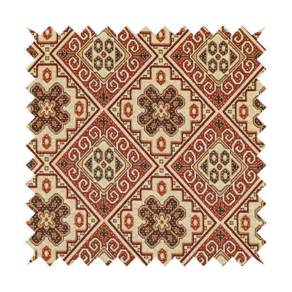 Acer Red Colour Chenille Upholstery Fabric Geometric Traditional Tile Pattern CTR-752 - Made To Measure Curtains