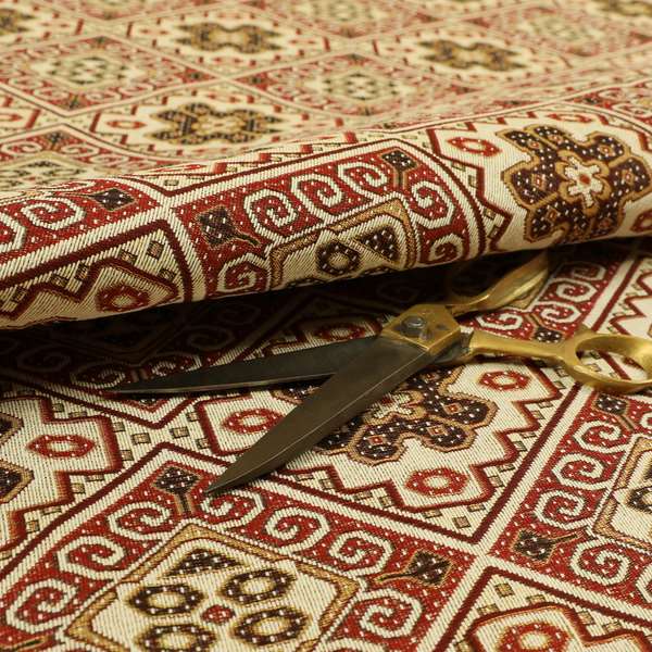 Acer Red Colour Chenille Upholstery Fabric Geometric Traditional Tile Pattern CTR-752 - Made To Measure Curtains