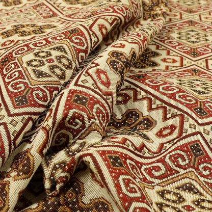 Acer Red Colour Chenille Upholstery Fabric Geometric Traditional Tile Pattern CTR-752 - Handmade Cushions