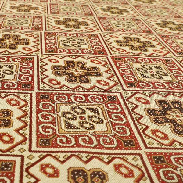 Acer Red Colour Chenille Upholstery Fabric Geometric Traditional Tile Pattern CTR-752 - Handmade Cushions