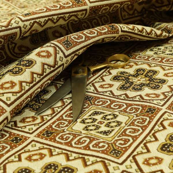 Acer Brown Colour Chenille Upholstery Fabric Geometric Traditional Tile Pattern CTR-754 - Roman Blinds