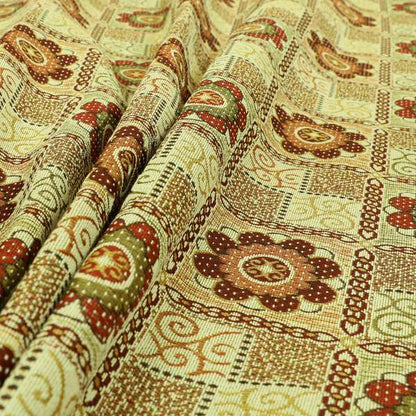 Acer Colourful Red Green Chenille Upholstery Fabric Patchwork Flower Pattern CTR-758 - Made To Measure Curtains